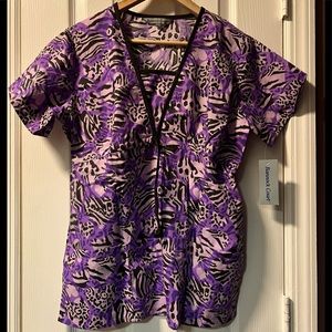 Black & purple hearts leopard zebra scrub top XS elastic waist NEW!!